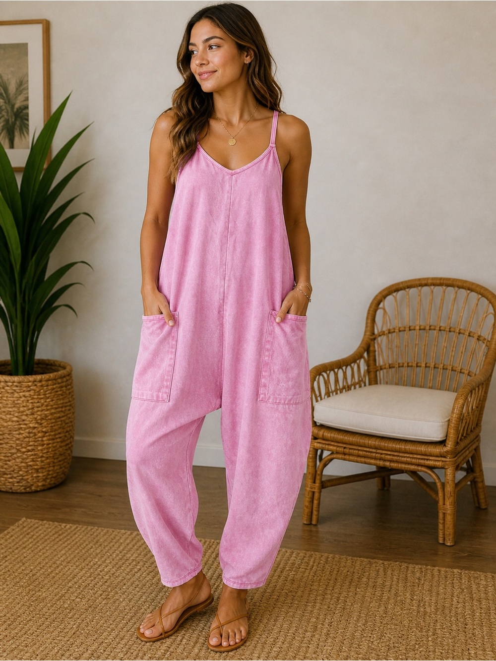Zenana Acid Wash Pink Jumpsuit L/XL NWT | Oversized Relaxed Fit Pocket Romper